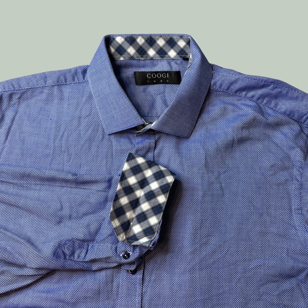 Coogi Luxe Shirt Mens XXL Luxe Blue Micro Print Plaid Trim Button-Down Cotton